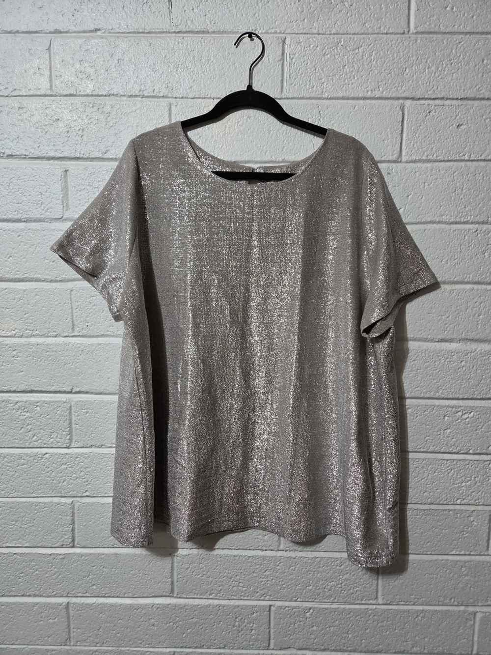 Jessica London Sparkly Metallic Silver Womens Short Sleeve Dress Top Crew Neck